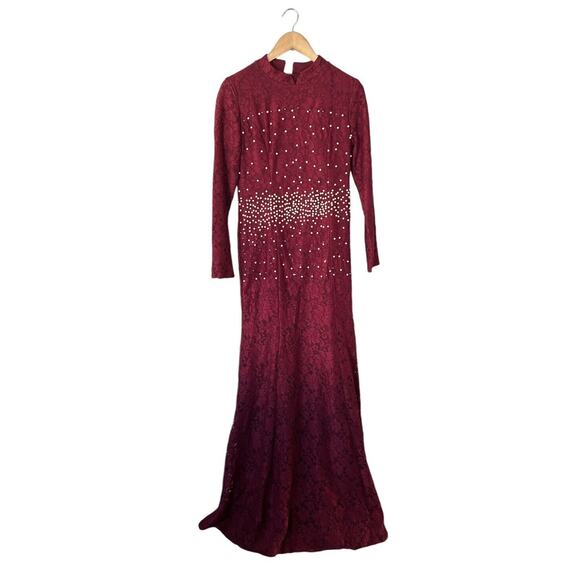 Mihir Burgundy Lace And Pearl Long Sleeve Modest Gown Size 42 - Picture 1 of 3